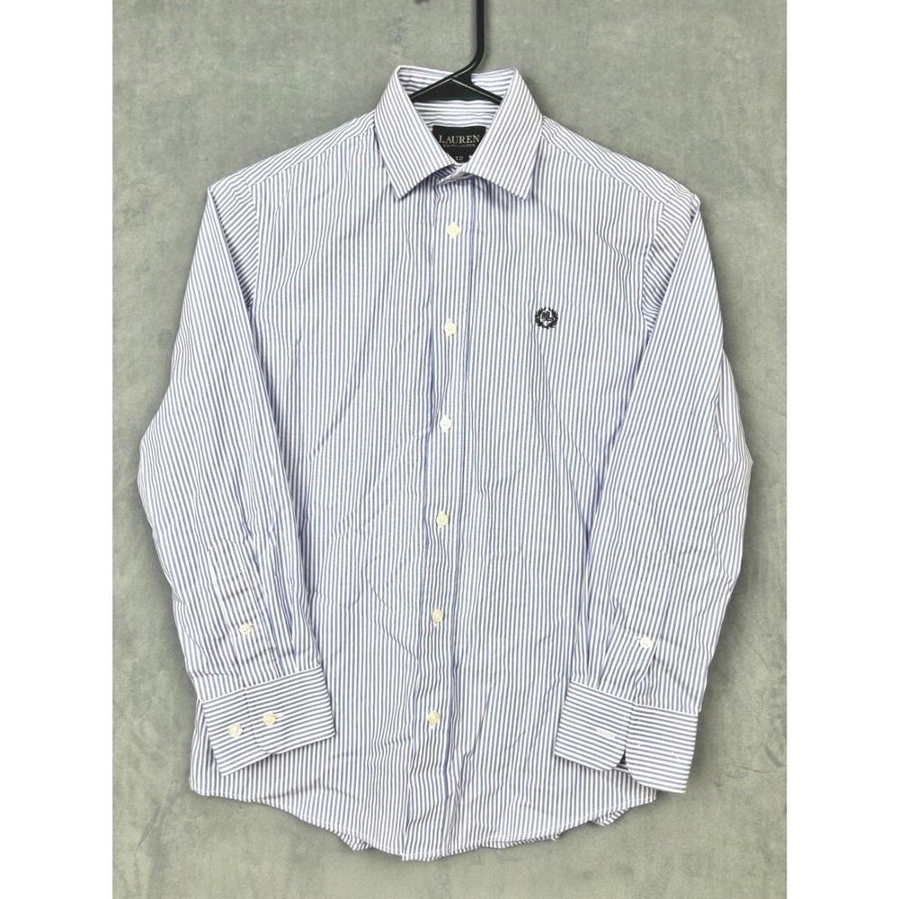 Lauren Ralph Lauren Striped Button Down Shirt Blue White Crest Logo Size 12